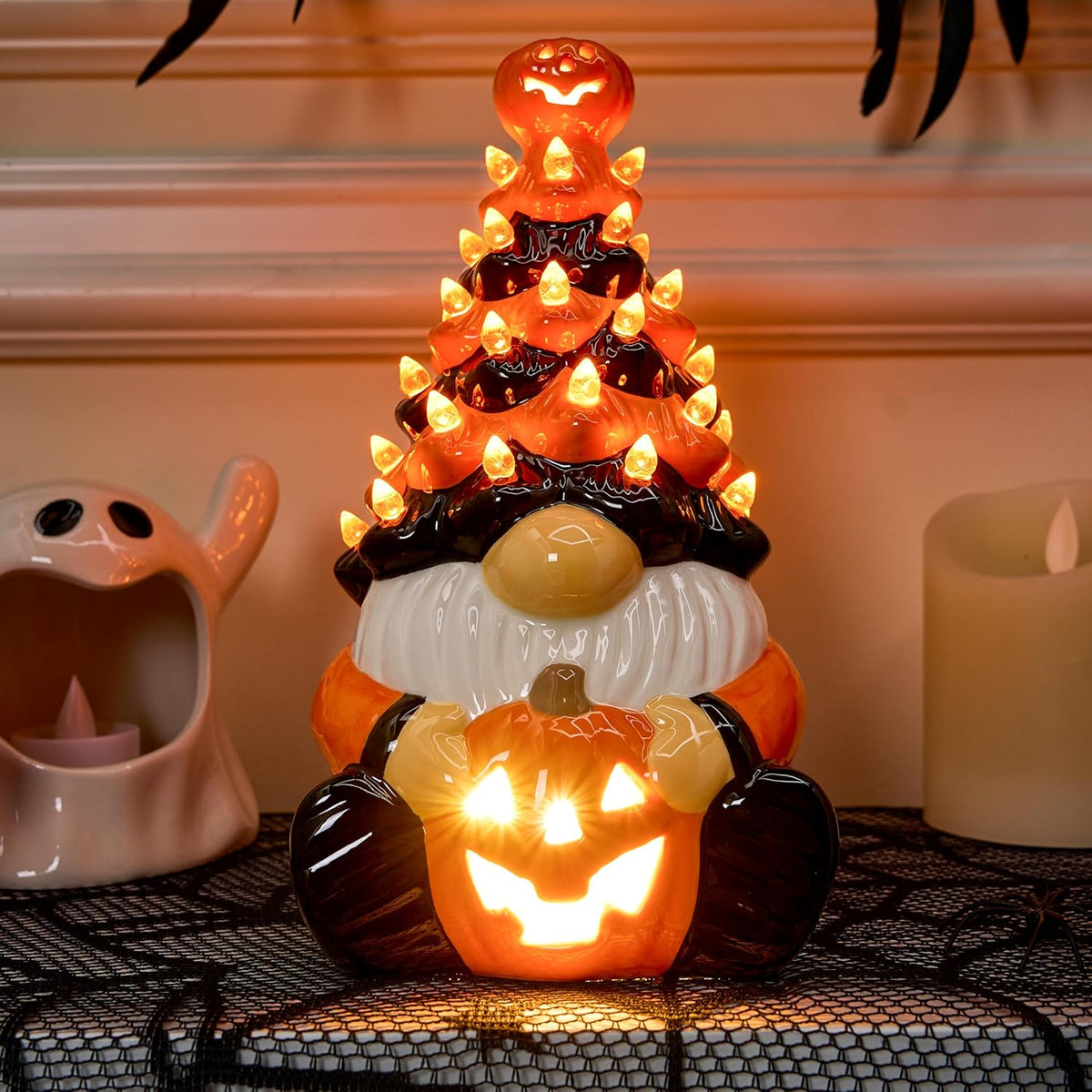 Joiedomi 8.5 inch Tall Halloween Decoration Pumpkin Gnome Ceramic Tree with B...