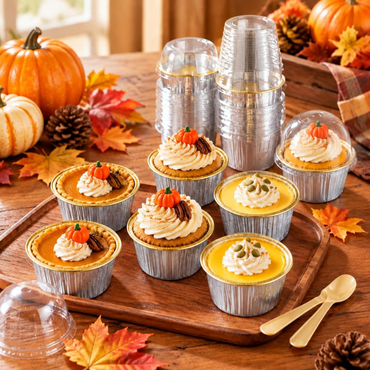 Hushee 300 Set Aluminum Foil Baking Cups with Lid Spoons, Round, Gold