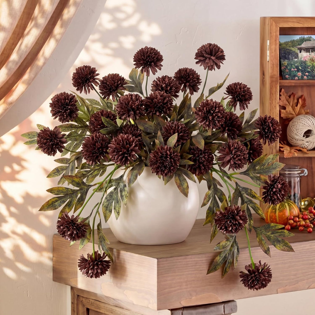 Knitgrip 8 Pcs Faux Silk Pom Pom Mum Artificial Flowers, Chocolate