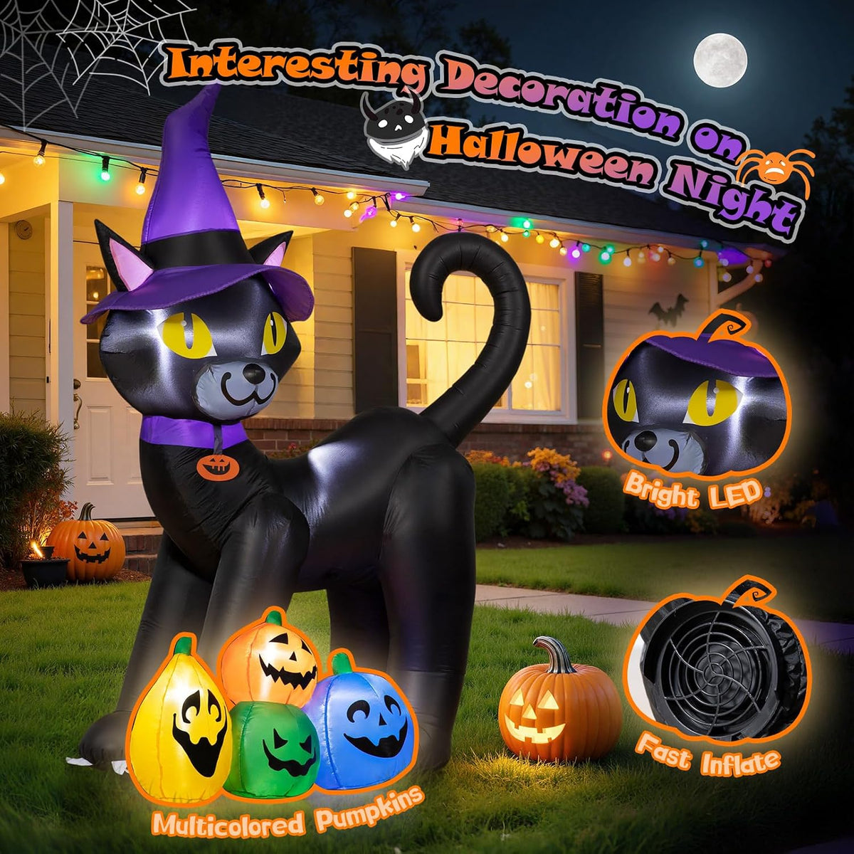 6FT Halloween Inflatable Black Cat with Witch Hat and 4 Colorful Pumpkins, Cu...