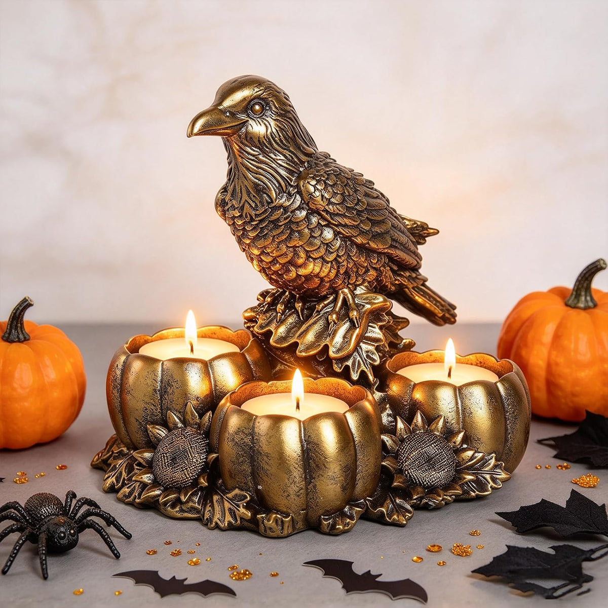 Gold Raven Candle Holders - Crow Vintage Rustic Pedestal Candlesticks, Harves...