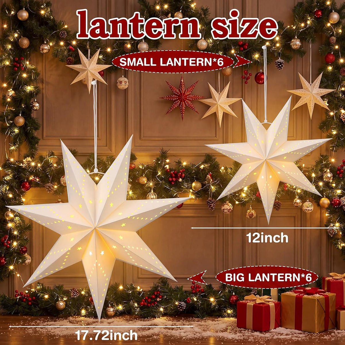 Youyole 12 Set Christmas Paper Star Lantern with Lights, 7 Pointed