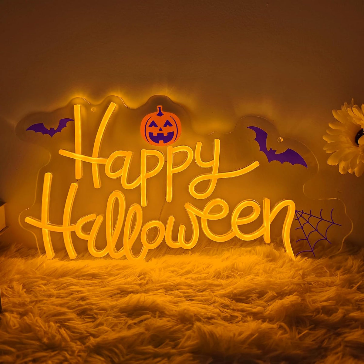 Happy Halloween Neon Sign, Cool Dimmable Light Up Halloween Pumpkin Bat Windo...