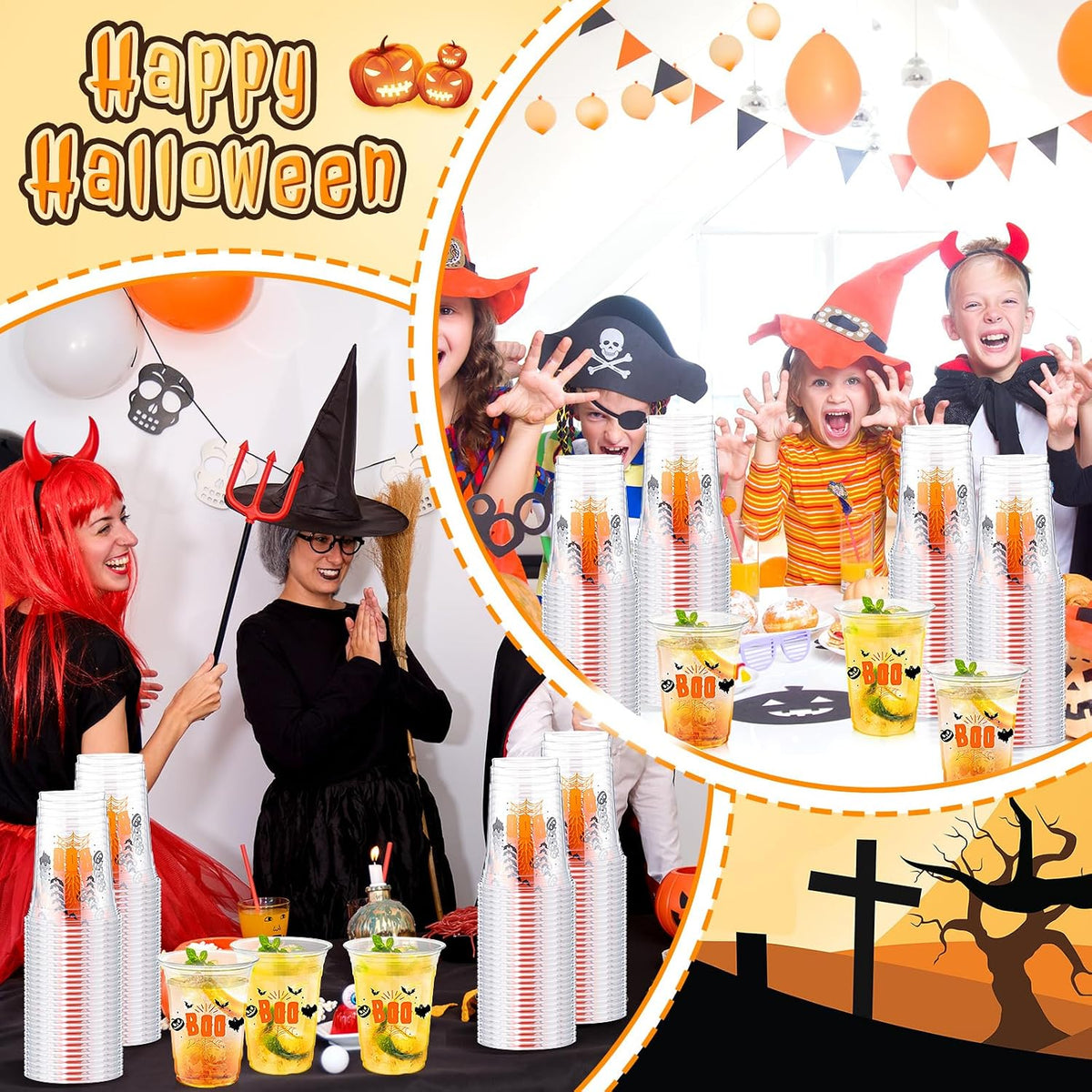 100 Pcs Halloween Plastic Cups Bulk 16 oz Disposable Clear Boo