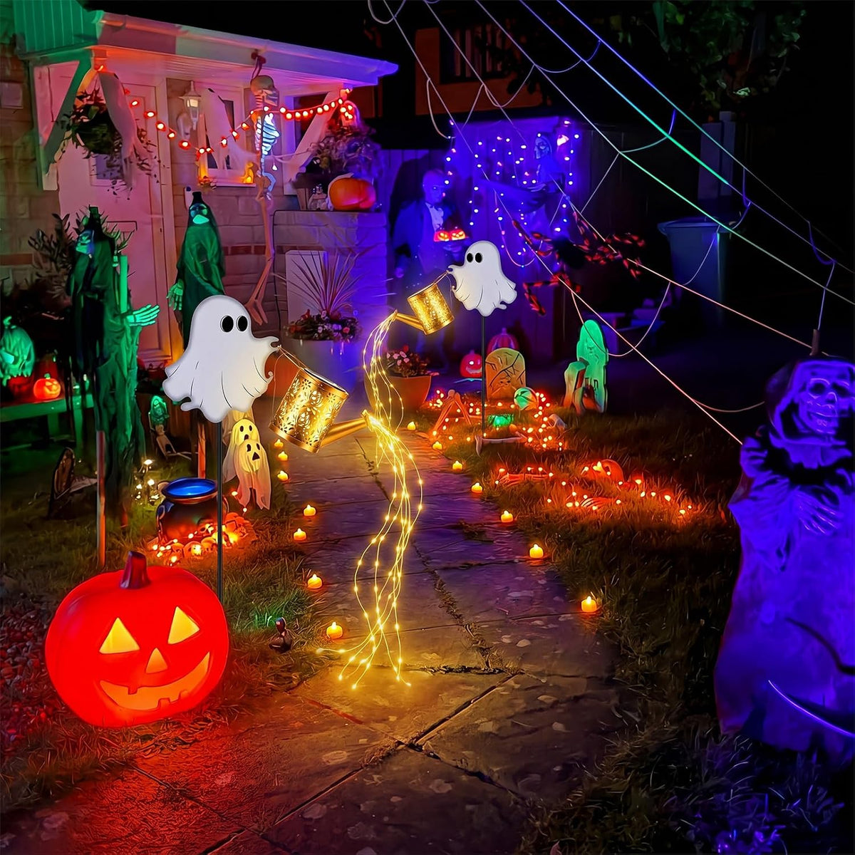 2pcs Halloween Ghost Solar Lights Outdoor Kettle Light Decor, Warm Light