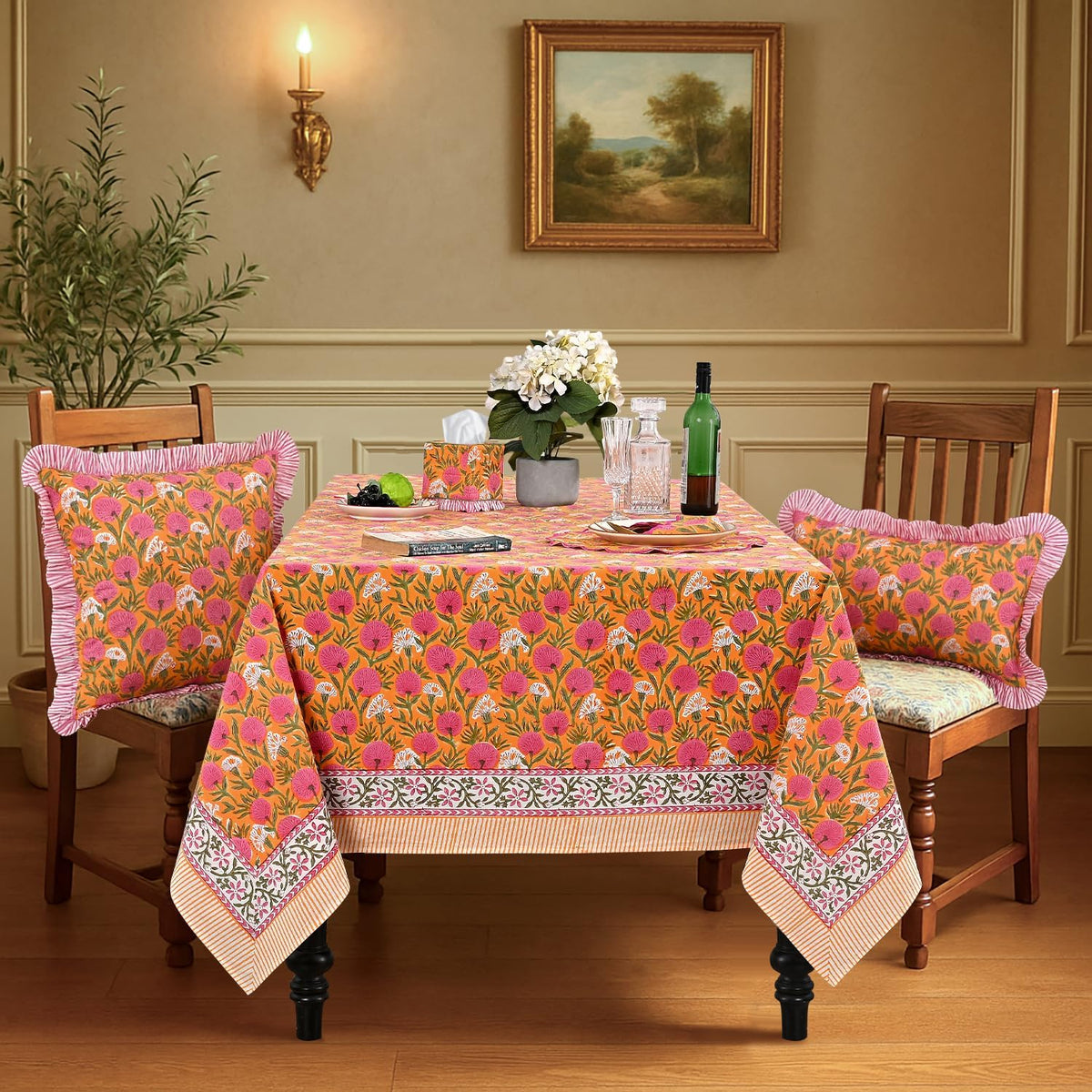 Ridhi Bubblegum Pink Hand Block Print Square Tablecloth 60x60 Inch
