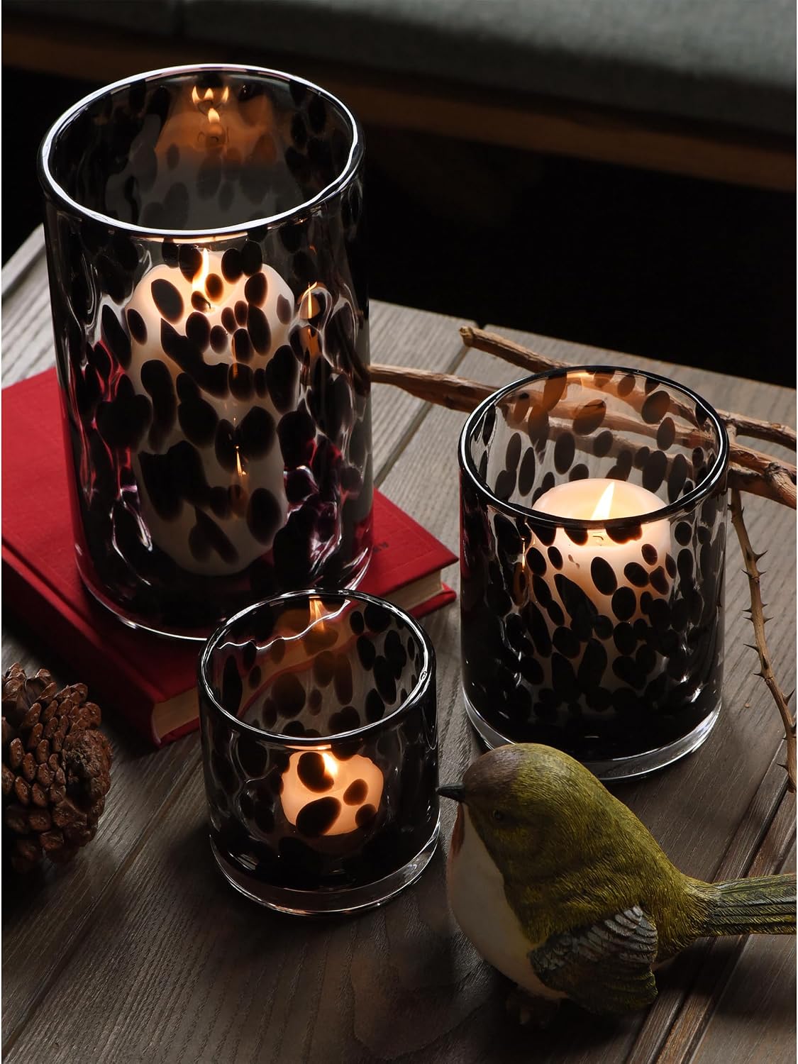 Glass Hurricane Candle Holder Set, Black Tortoise, 3 Piece