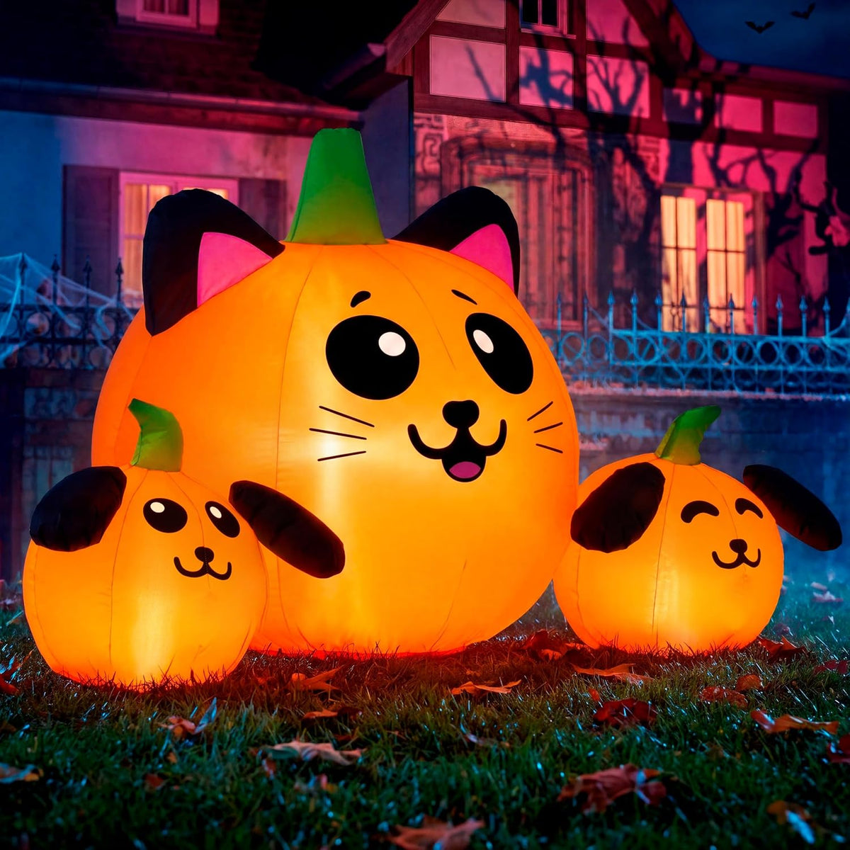 JOYIN 5FT Long Halloween Inflatable Pumpkin Cat & Dog Head Combo Outdoor ...