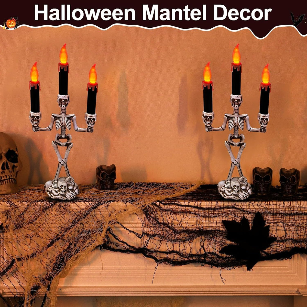 2 Pack Halloween Candelabra LED Flameless Candles Holder Table Centerpiece