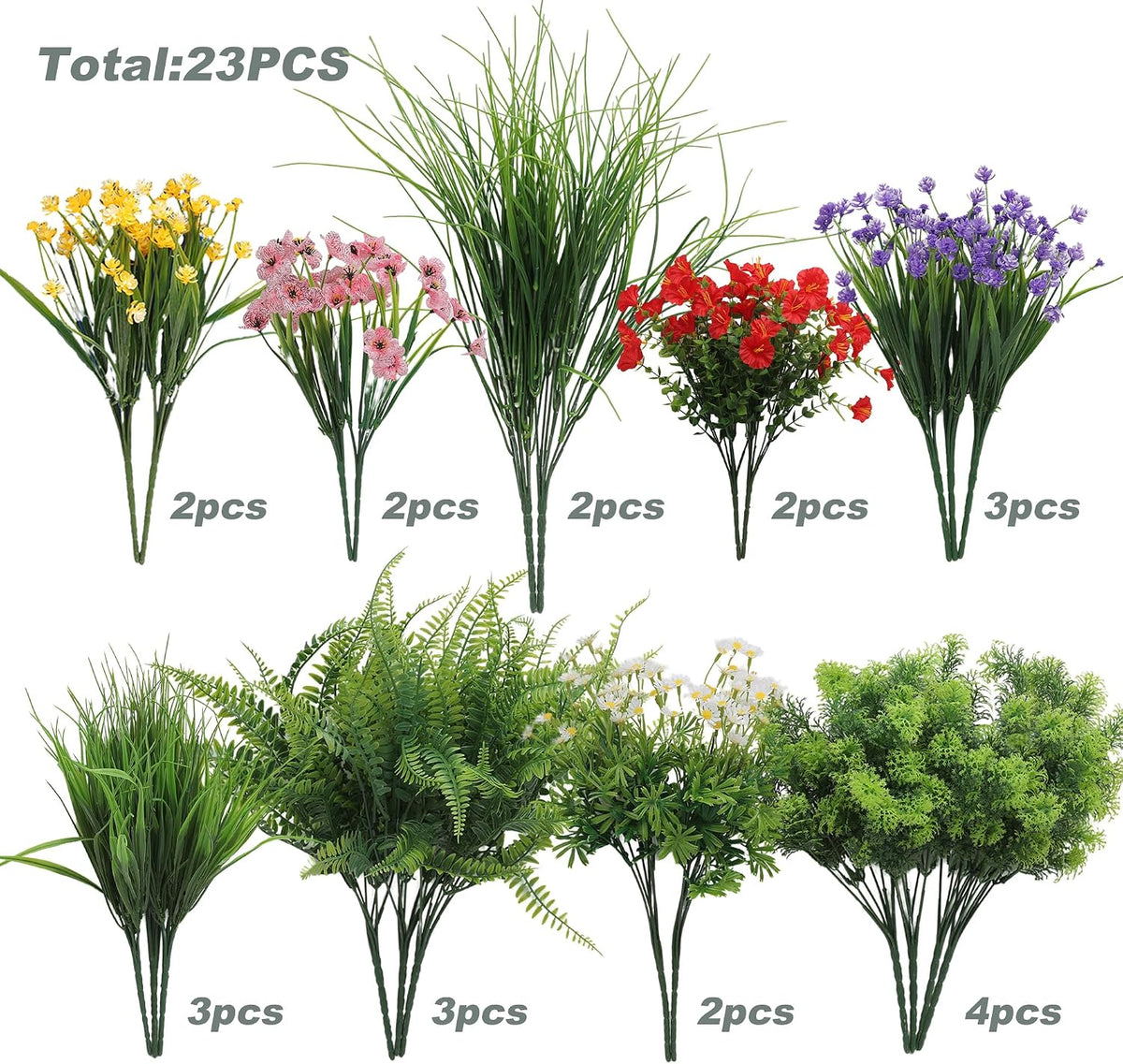 23PCS Artificial Plants Outdoor, Faux Flowers & Greenery Stems for Outside