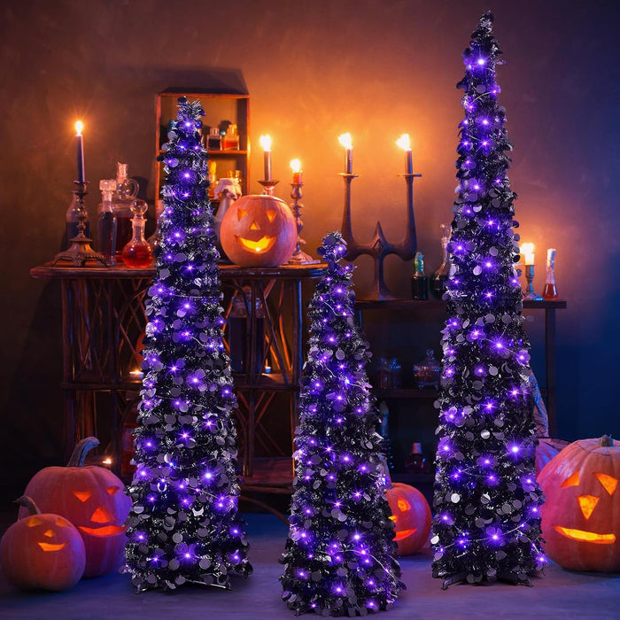Shappy 3 Pcs 4/5/6 Ft Black Tinsel Halloween Tree with Purple Lights