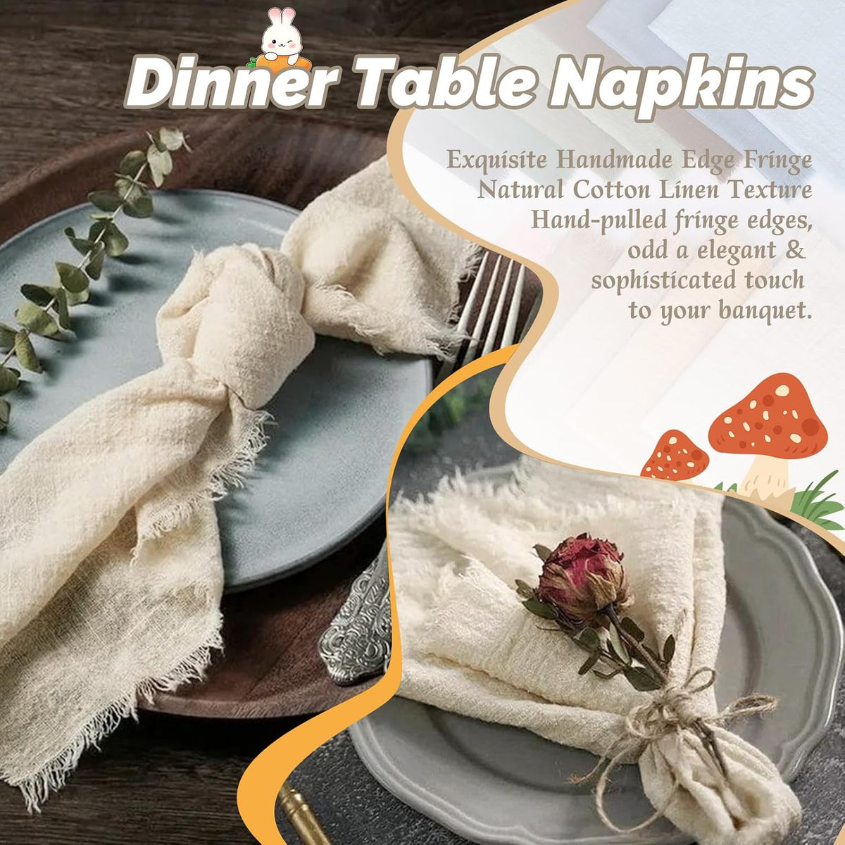 Showgeous 40 Pack Natural Cloth Napkins with Fringe 16x16 inch