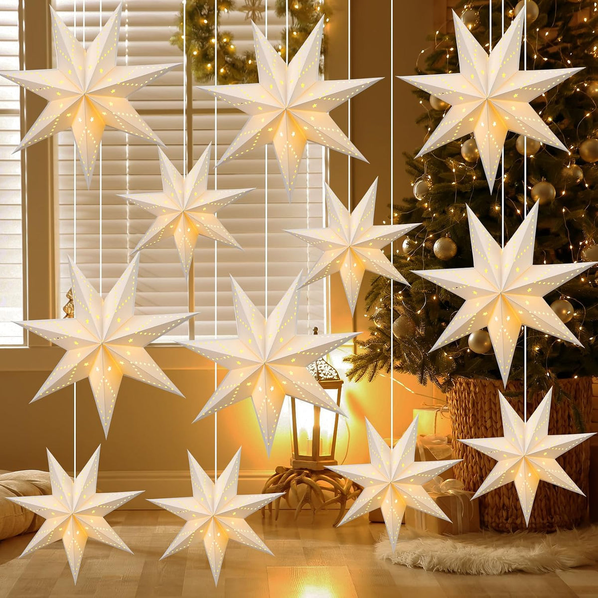 Youyole 12 Set Christmas Paper Star Lantern with Lights, 7 Pointed