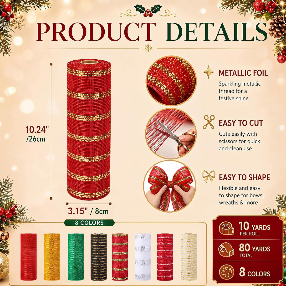 Newwiee 8 Rolls Christmas Mesh Ribbon for Wreaths 10 Inch x 30 Feet
