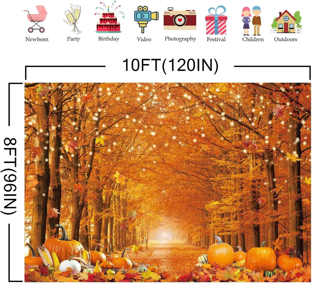 10x8FT Fall Photo Backdrop Maple Leaf Pumpkin for Photography Background Autu...