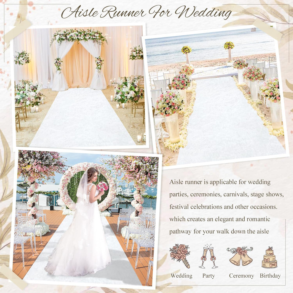 MODFUNS White Aisle Runner Wedding Carpet Runner 4x30FT Velvet Fabric Aisle R...