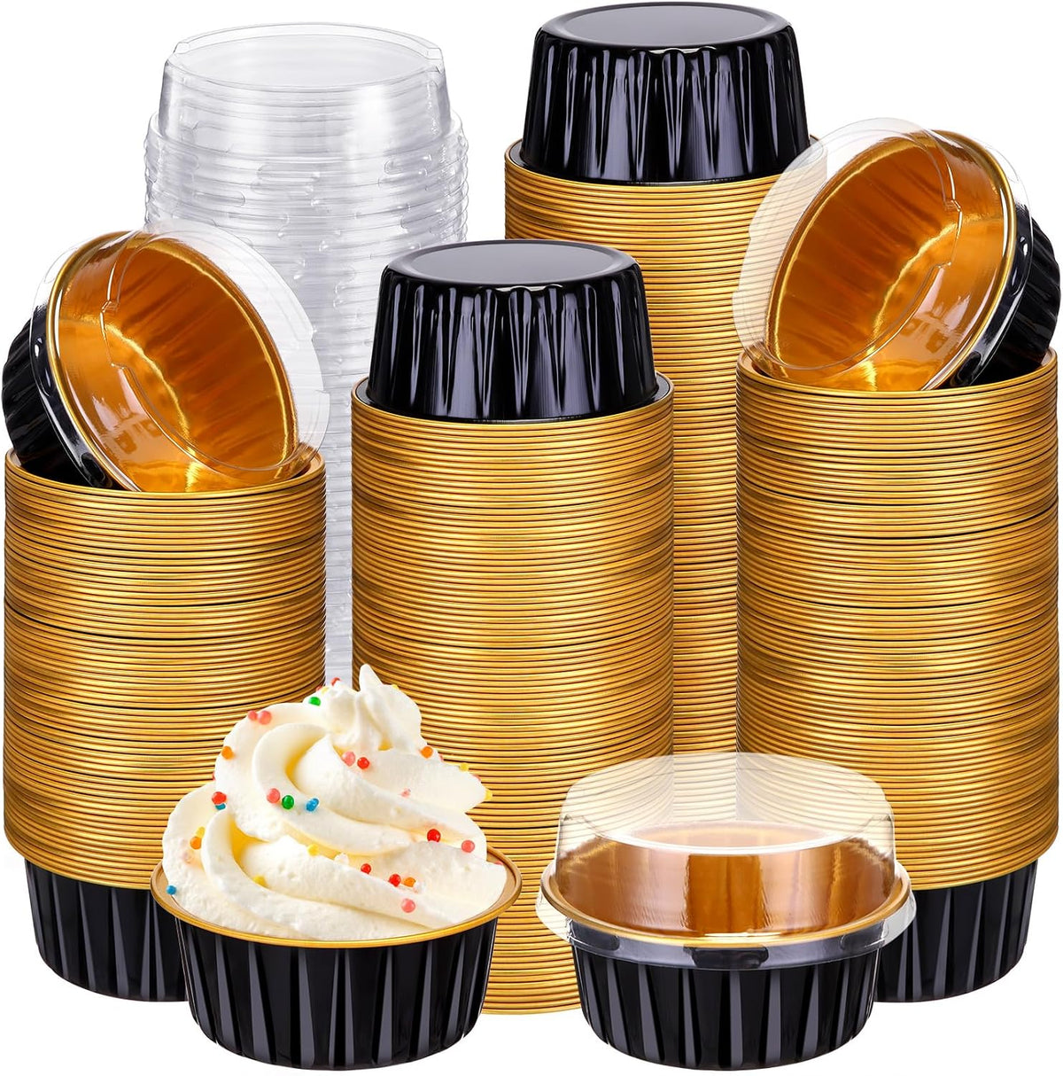 Gejoy 400 Pcs Aluminum Foil Baking Cups with Lids, Classic, Black, Gold