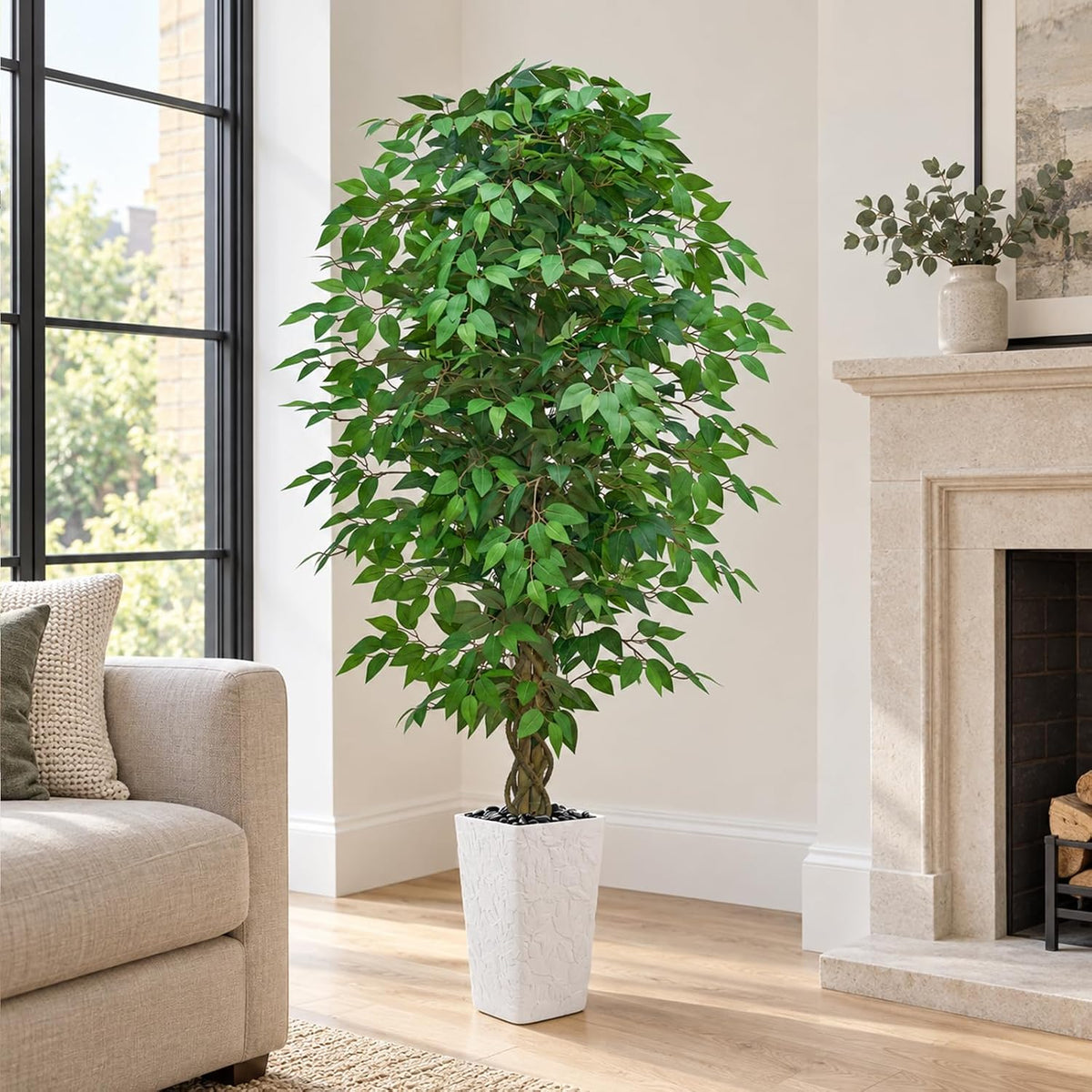 Artificial Ficus Tree 6FT, Large Fake Tree for Home Decor (White Planter)