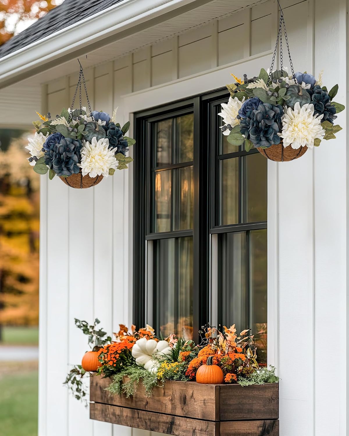 Hollyone 13" Fall Hanging Baskets Medium Pumpkins Hydrangea Dahlia Artif...