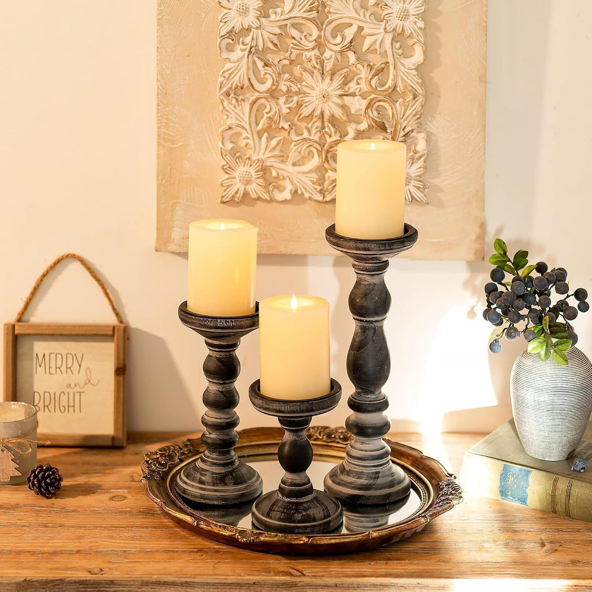 Wood Pillar Candle Holder: Rustic Distressed Black Candle Stand