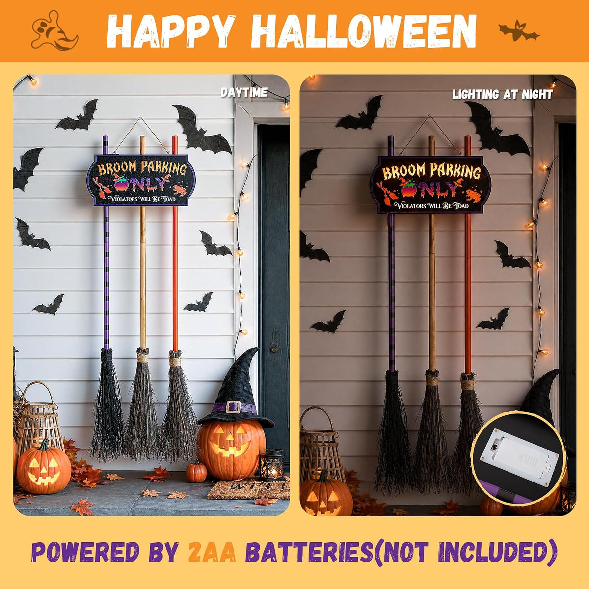 ELAMAS Halloween Decorations Light-up Broom Parking Only Sign with 3 Witch Br...