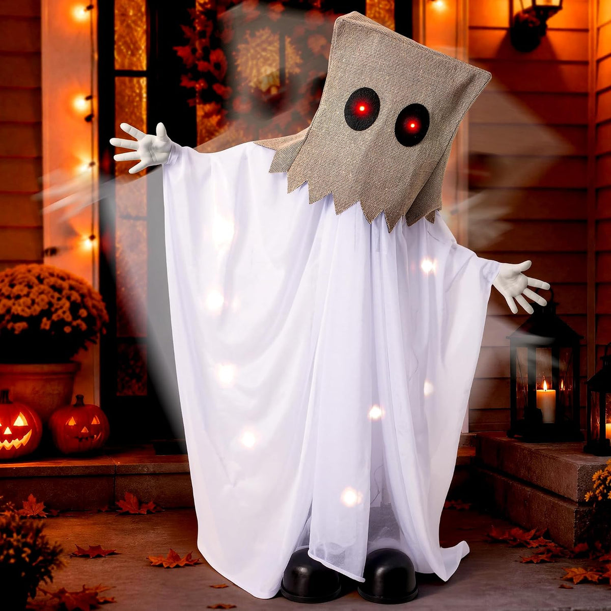 Halloween Animatronic Sack Ghost Decoration, 35" Sound Activated Scare G...