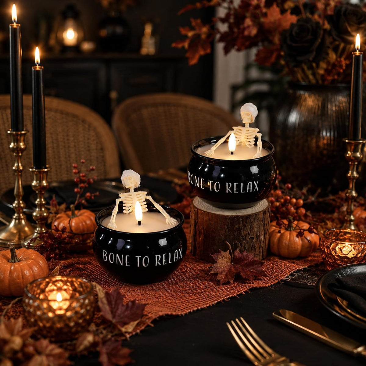 Halloween Flameless Candles 2 Pack, Skeleton Bath Battery Operated Decor