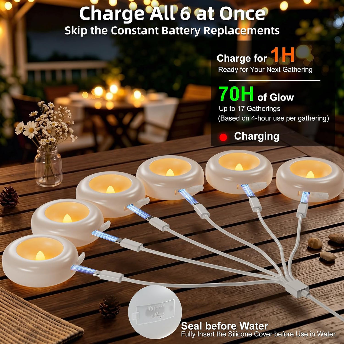 Rechargeable Flameless Floating Candles, 6 Pack Water Activated Tea Lights