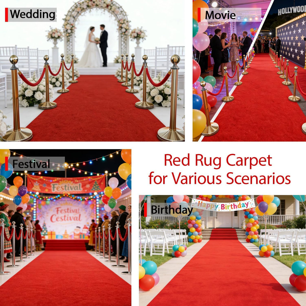0.23In Thick Red Carpet Runner for Party, 3x16.4Ft 425 GSM Non-Slip Waterproo...