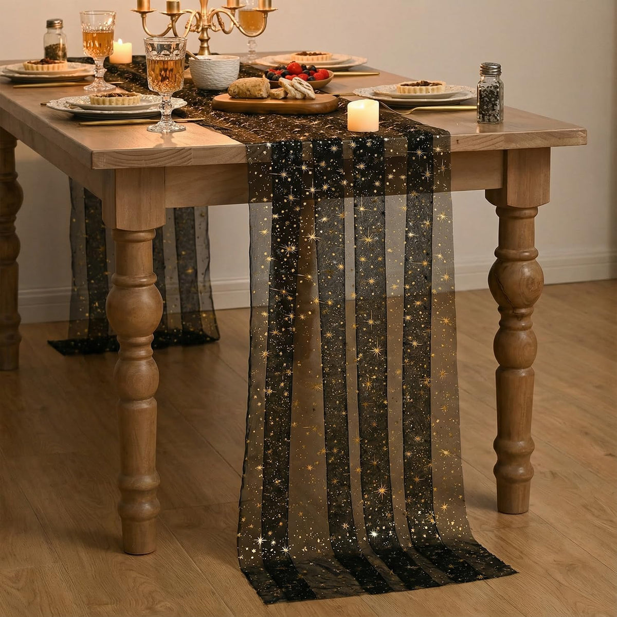 Artoid Mode 10PC Gold Stars Black Gauze Table Runner 120 Inch 10FT, Reversibl...