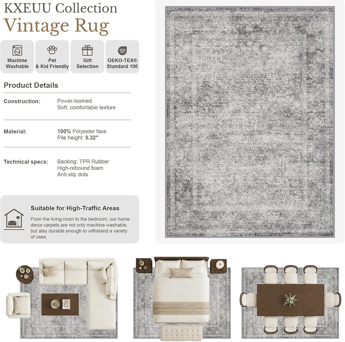 8x10 Area Rug Living Room:Washable Vintage Abstract Carpet Black Grey