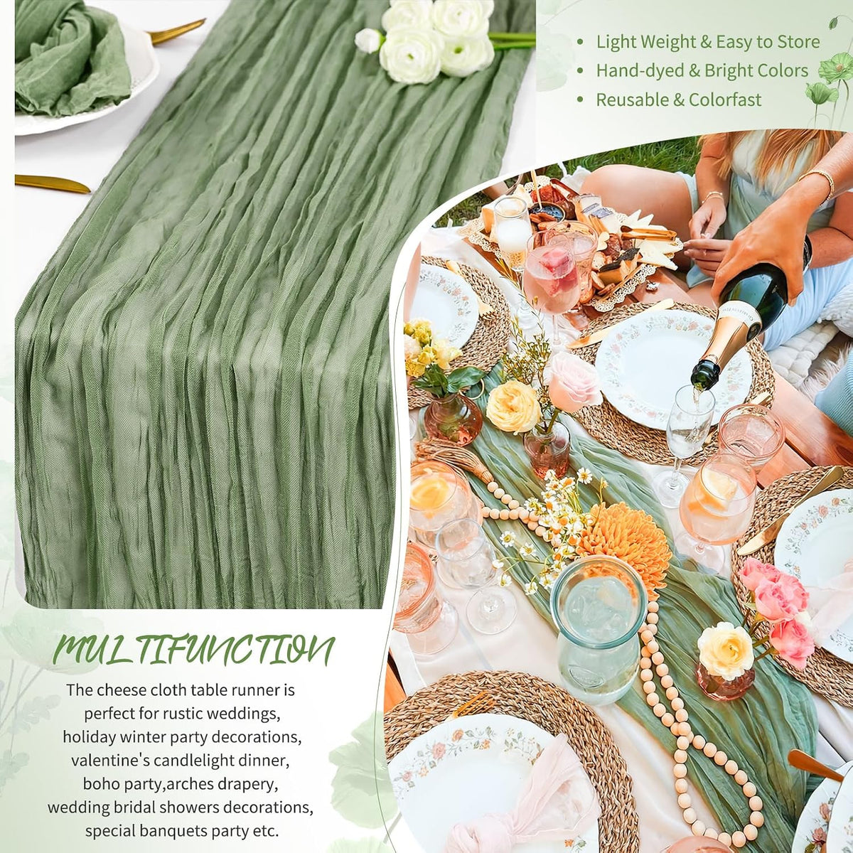 Showgeous 20 Pack Sage Green Cheesecloth Table Runner, 17 x 108 Inches