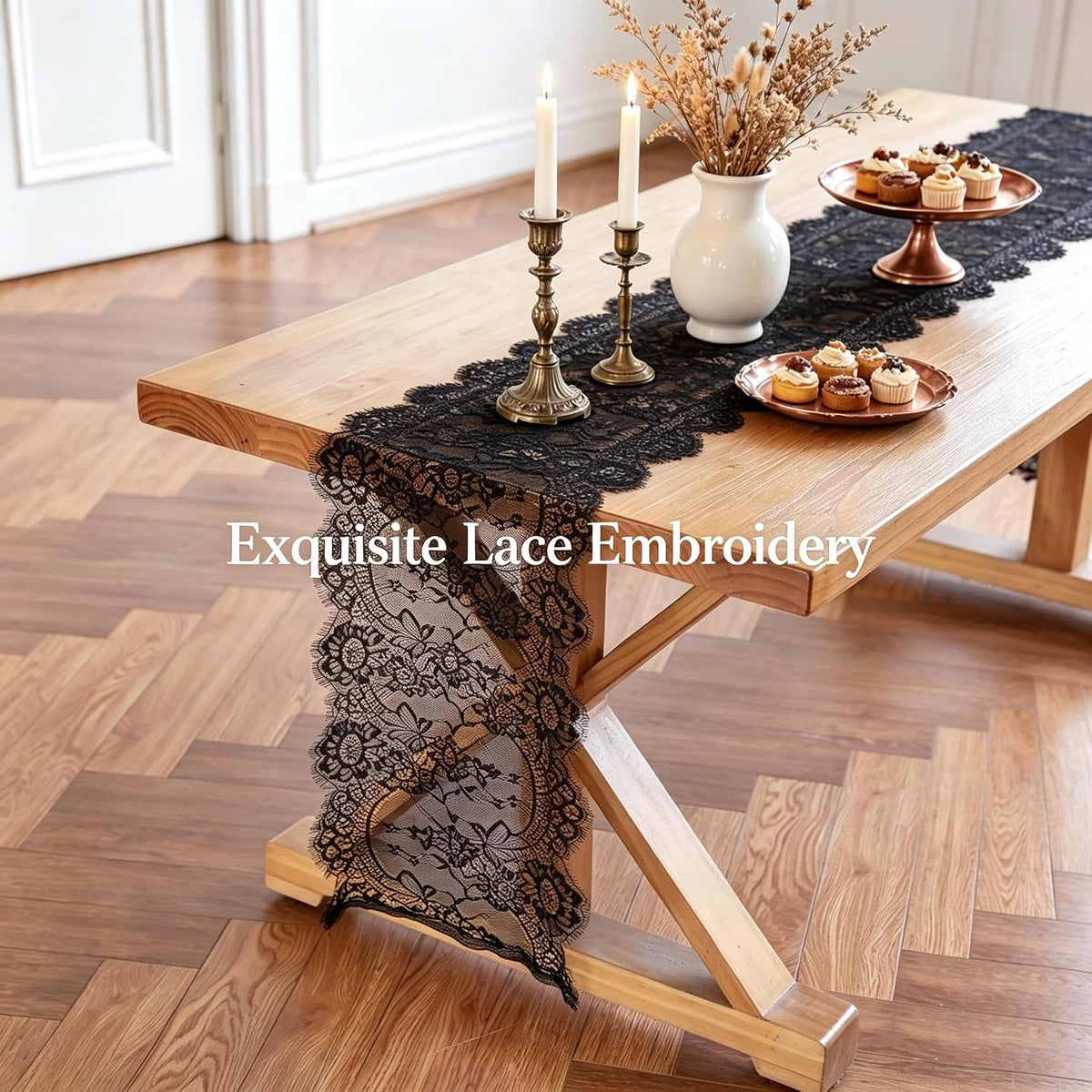 Black Lace Table Runner 14 x 120 Inch Floral Embroidered Fabric Decoration