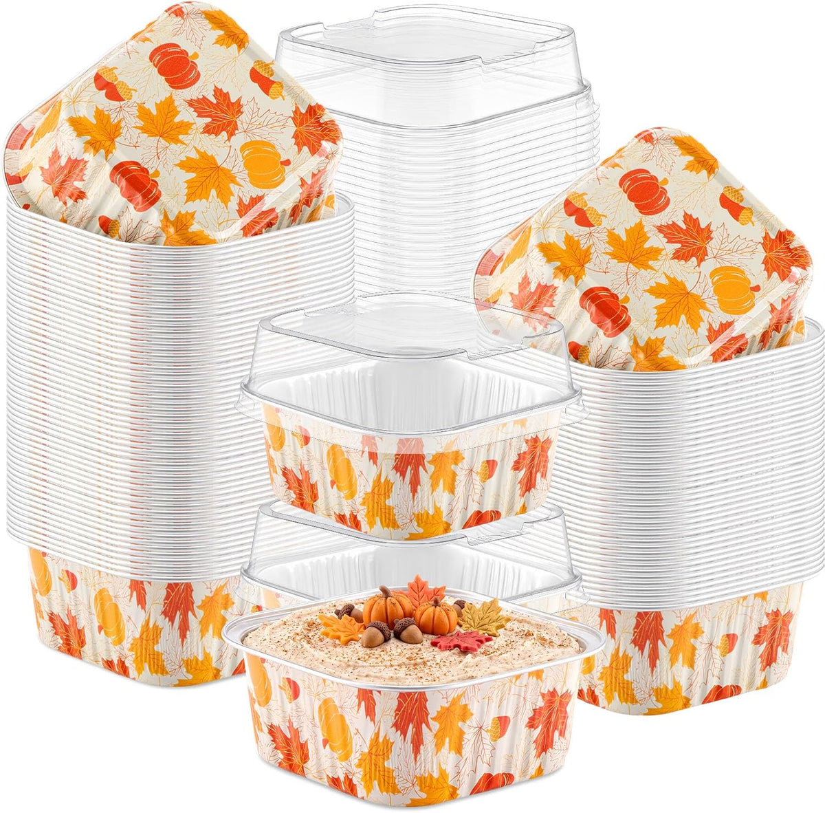 Potchen 100 Pack 5 oz Fall Mini Cake Pans with Lids, Pumpkin Maple Leaf
