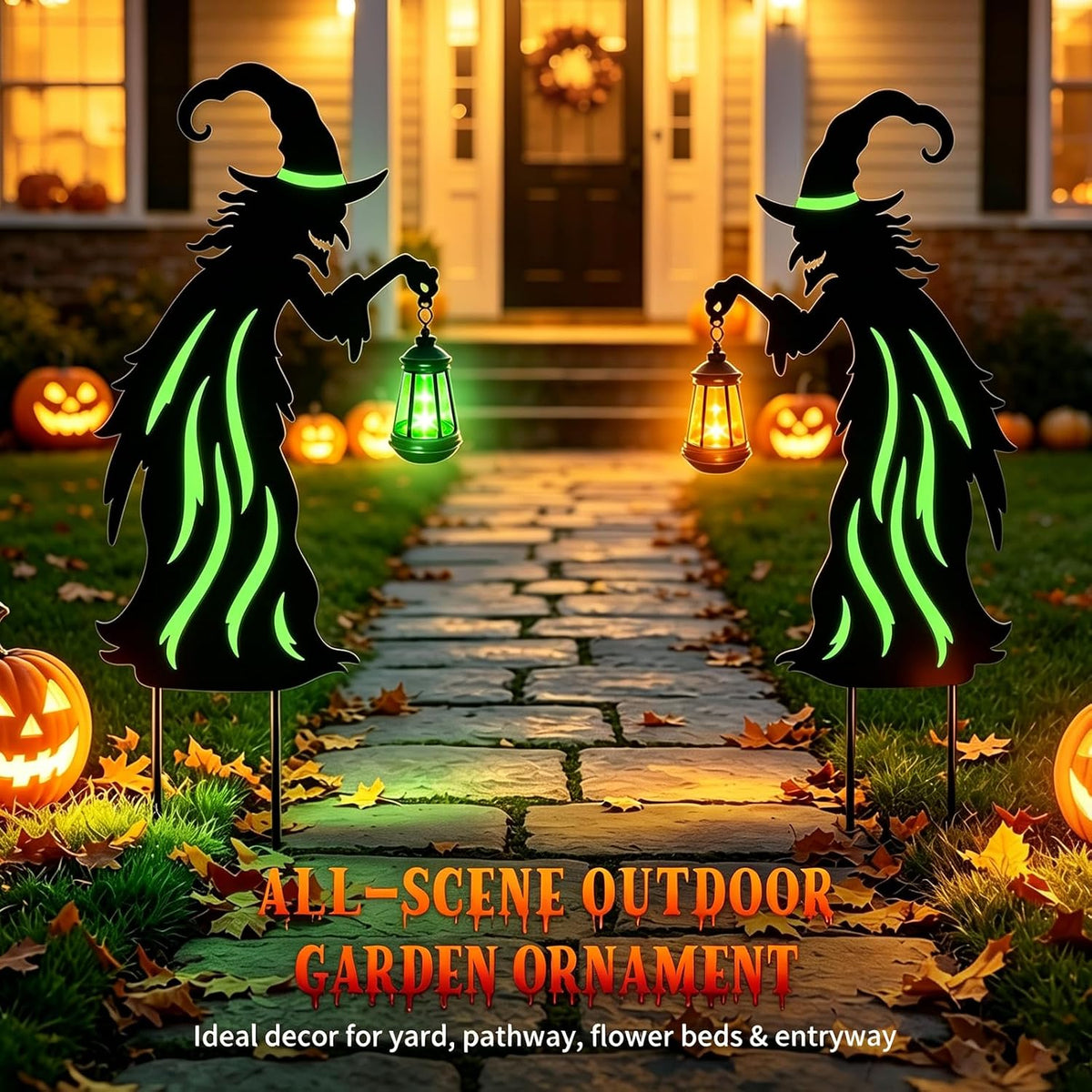 Halloween Decorations Outdoor Metal Witch Garden Stakes with Solar Lights
