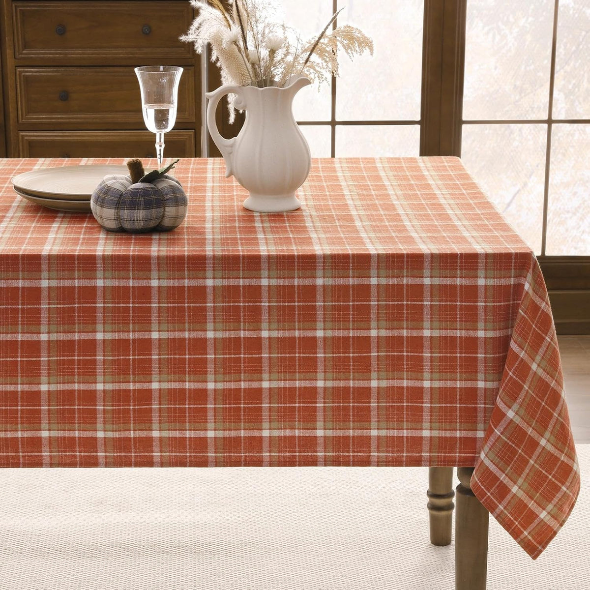Romanstile Fall Checkered Tablecloth Rectangle, 60 x 120 Inch, Orange