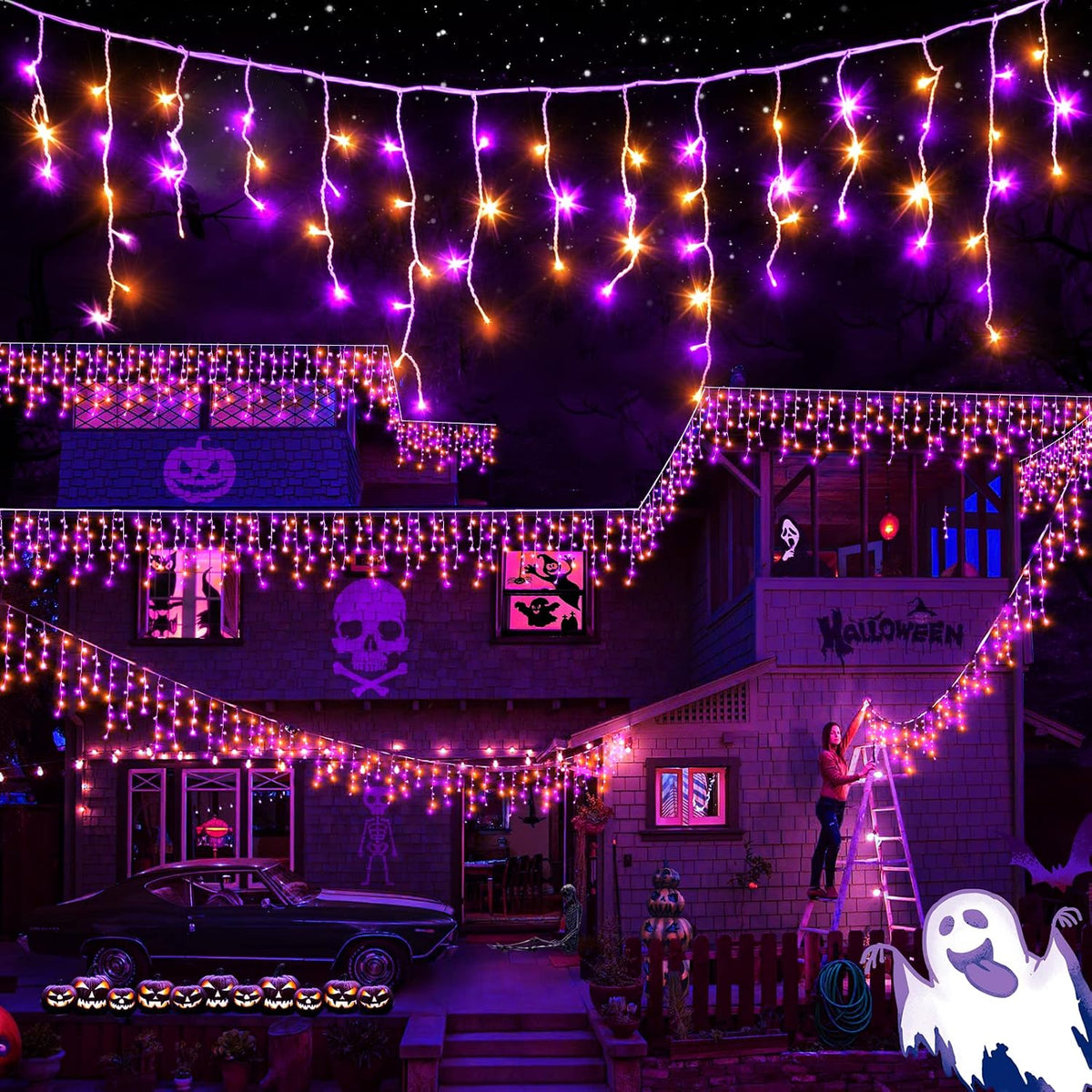 XURISEN 66FT 640 LED Orange Purple Halloween Lights Outdoor Decorations