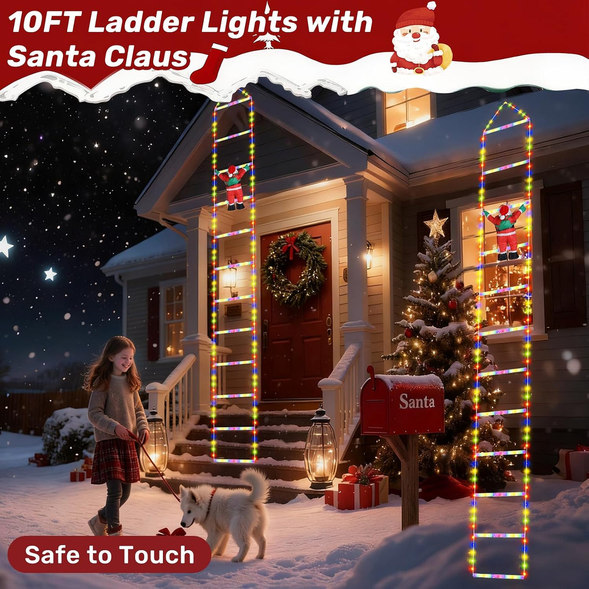 LED Christmas Ladder Lights 10ft with Santa Claus Decorations Decorative Mult...