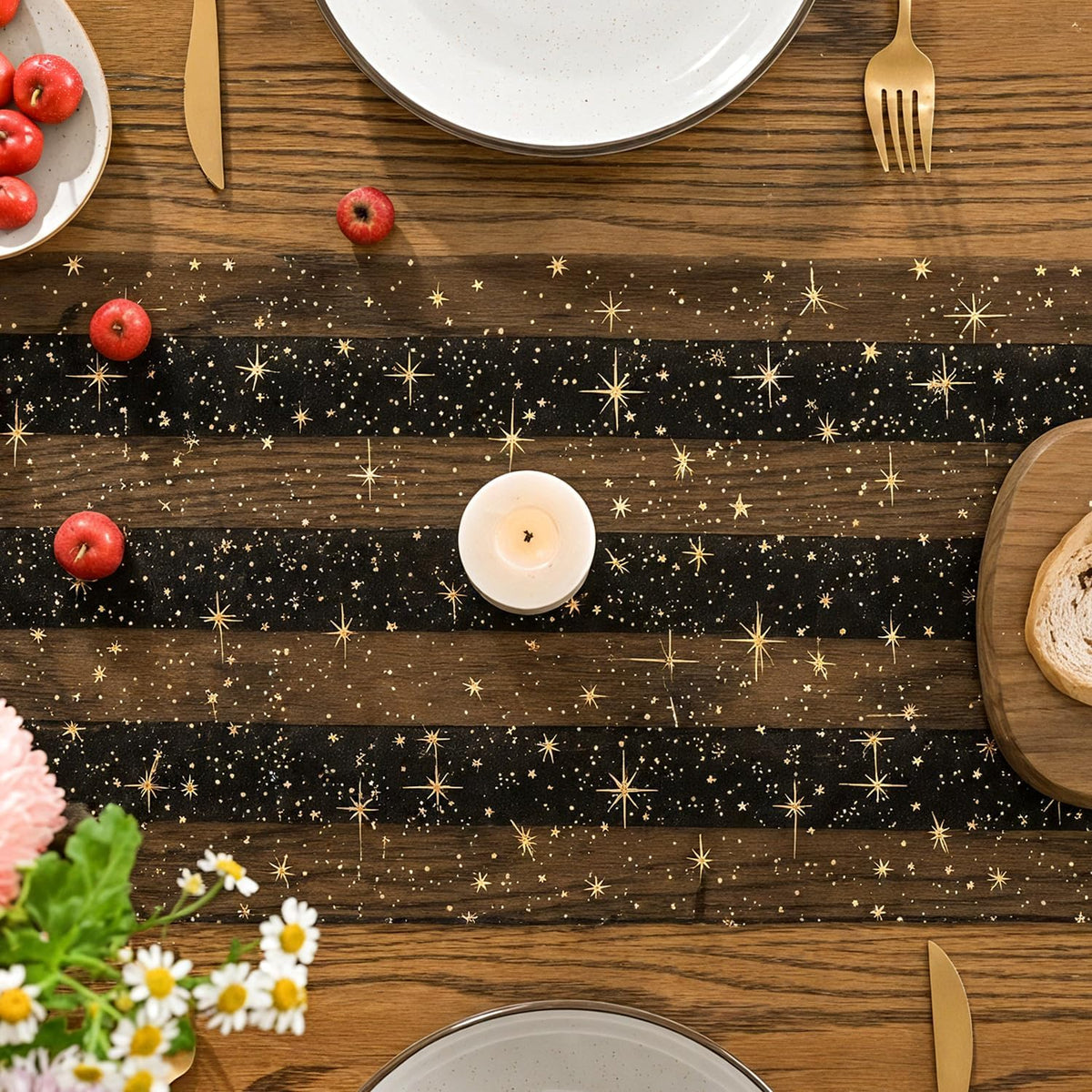 Artoid Mode 10PC Gold Stars Black Gauze Table Runner 120 Inch 10FT, Reversibl...