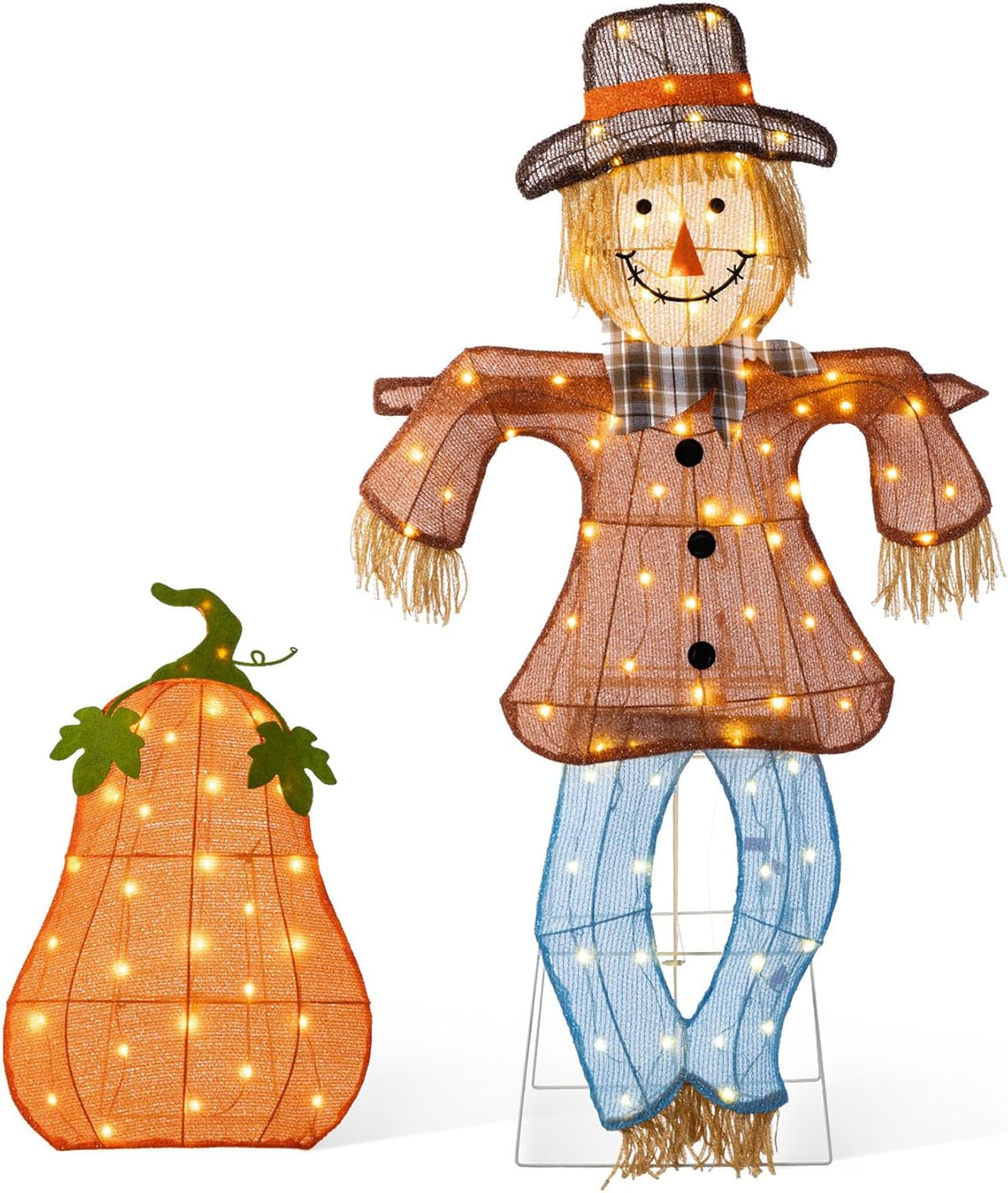 Glitzhome 4FT Fall Lighted Outdoor Scarecrow Decor, 2-Piece Pre-lit 2.5D Scar...