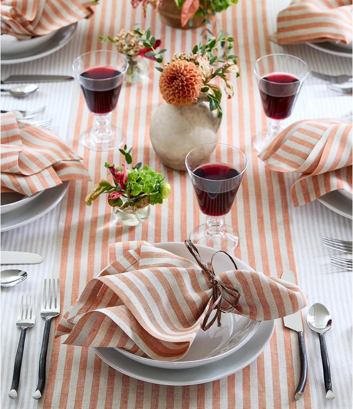 Solino Home 100% Linen Table Runner, 14 x 90 in, Pumpkin and Natural Stripe