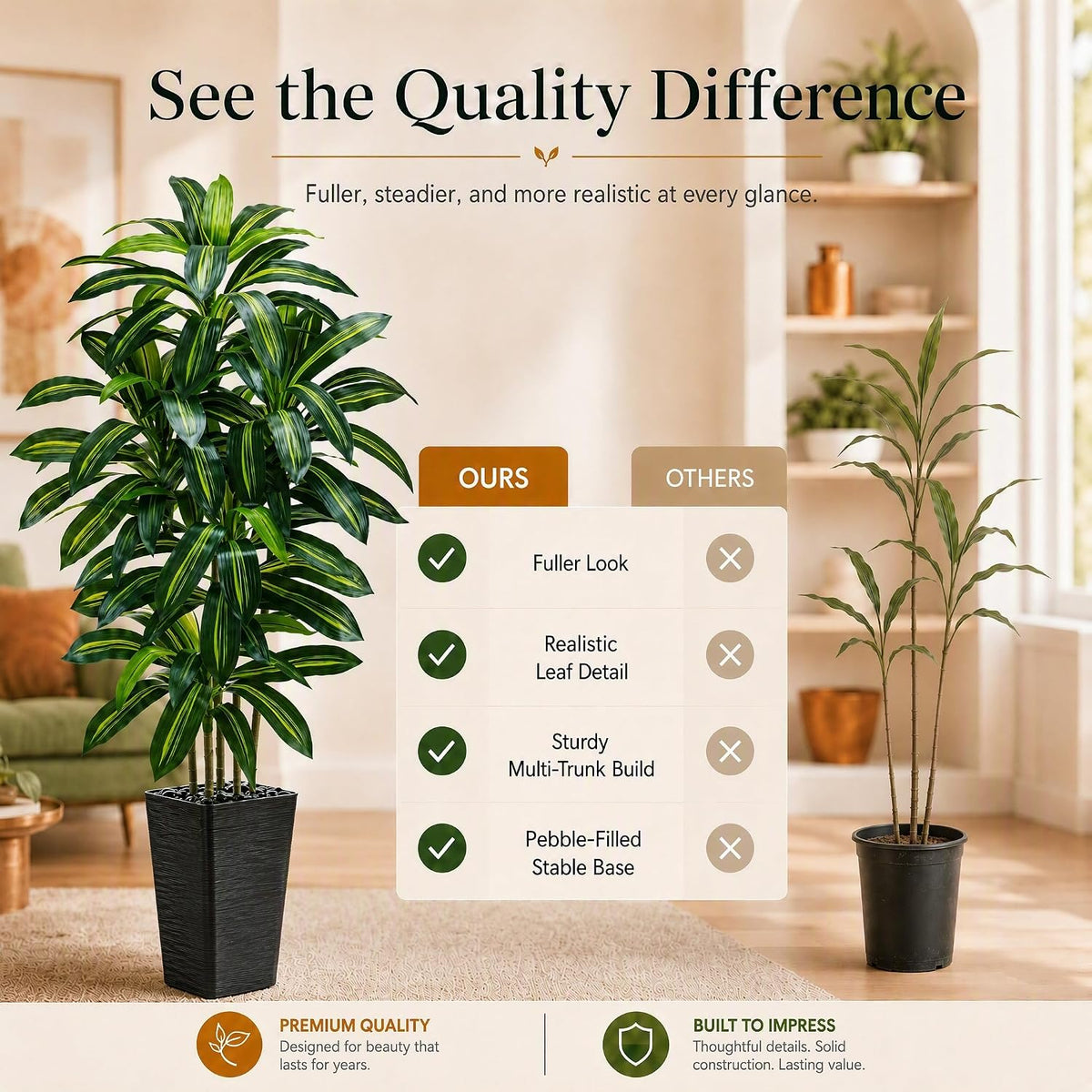 Artificial Dracaena Tree: 5FT Fake Plants Silk Faux Trees(Black Pot)