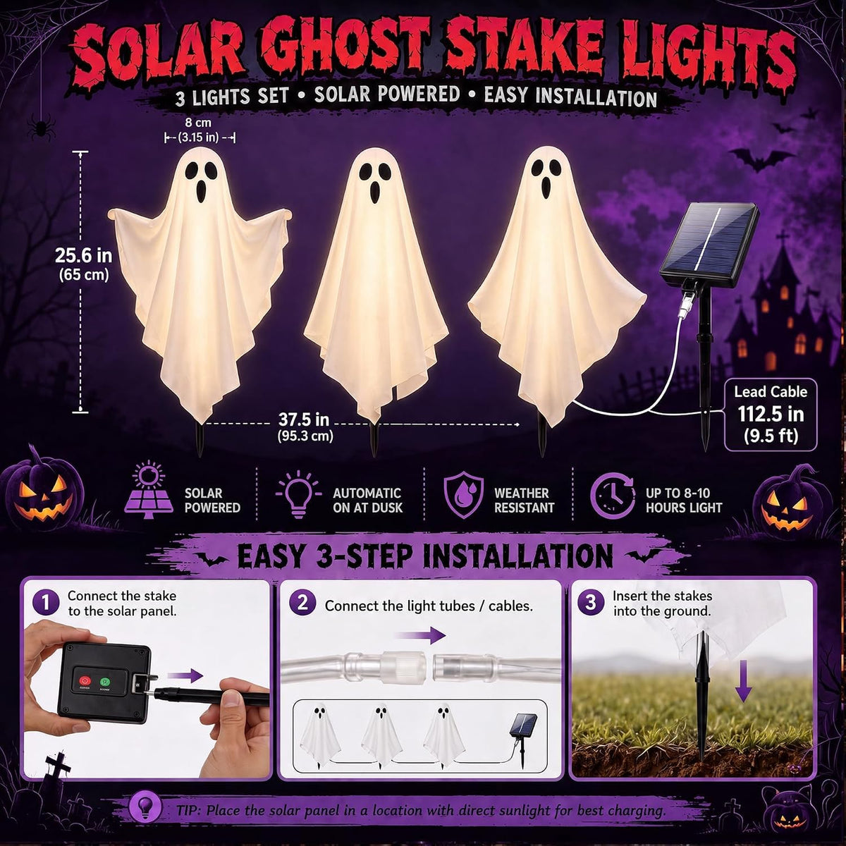 Solar Halloween Decorations Outdoor Lights, Solar Halloween Lights 3 Pack, Gl...