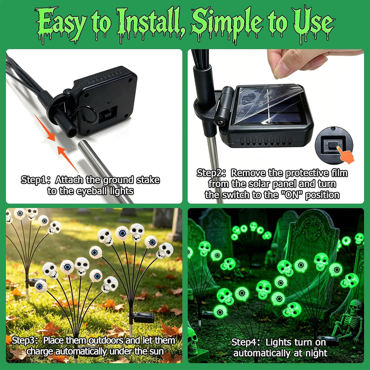 Halloween Decorations Outdoor, 4 Pack 24 LED Green Solar Scary Eyeball Lights...