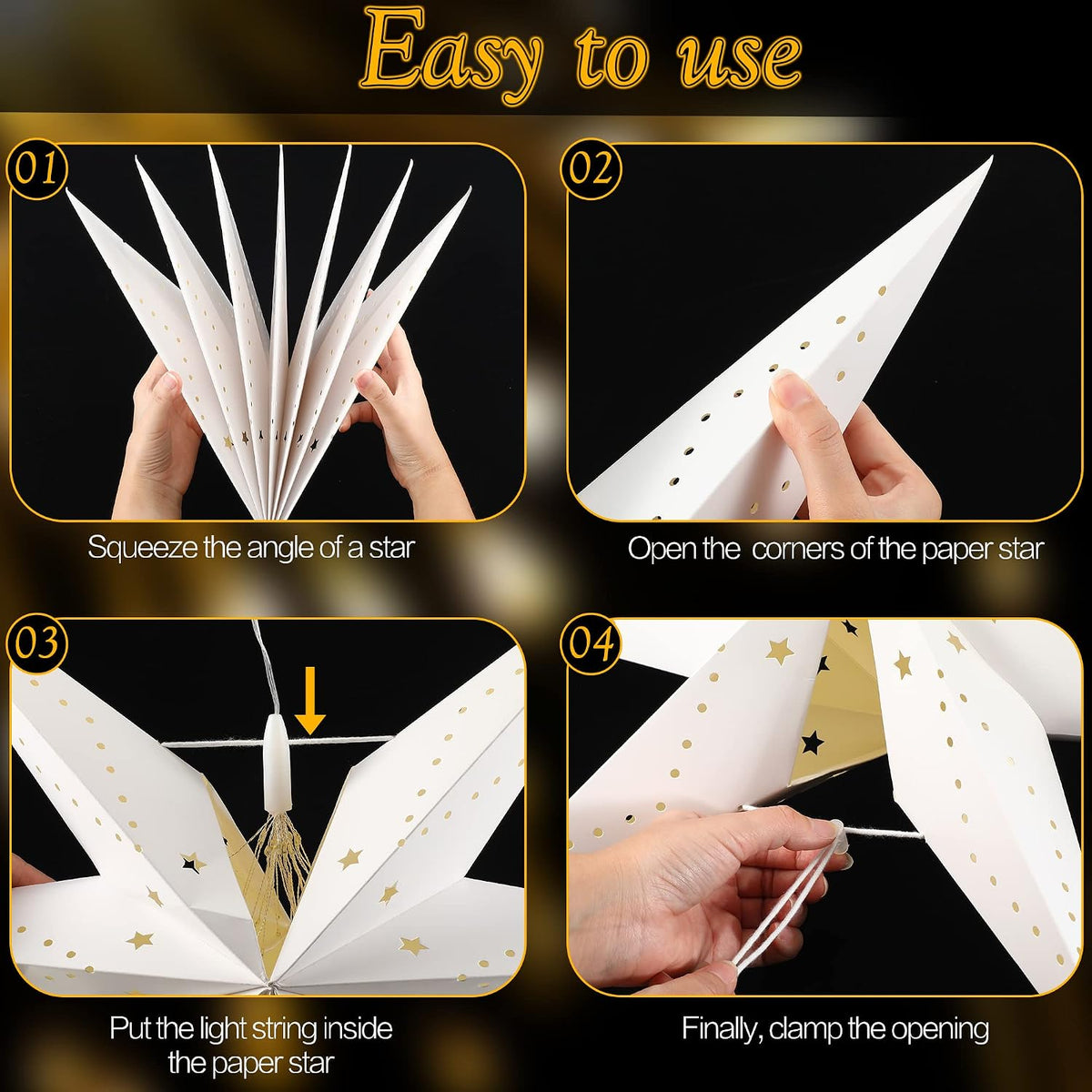 Hiboom 2 Pack Paper Star Lantern 24 Inch, 8 Mode 50 LEDs Firework Fairy Strin...