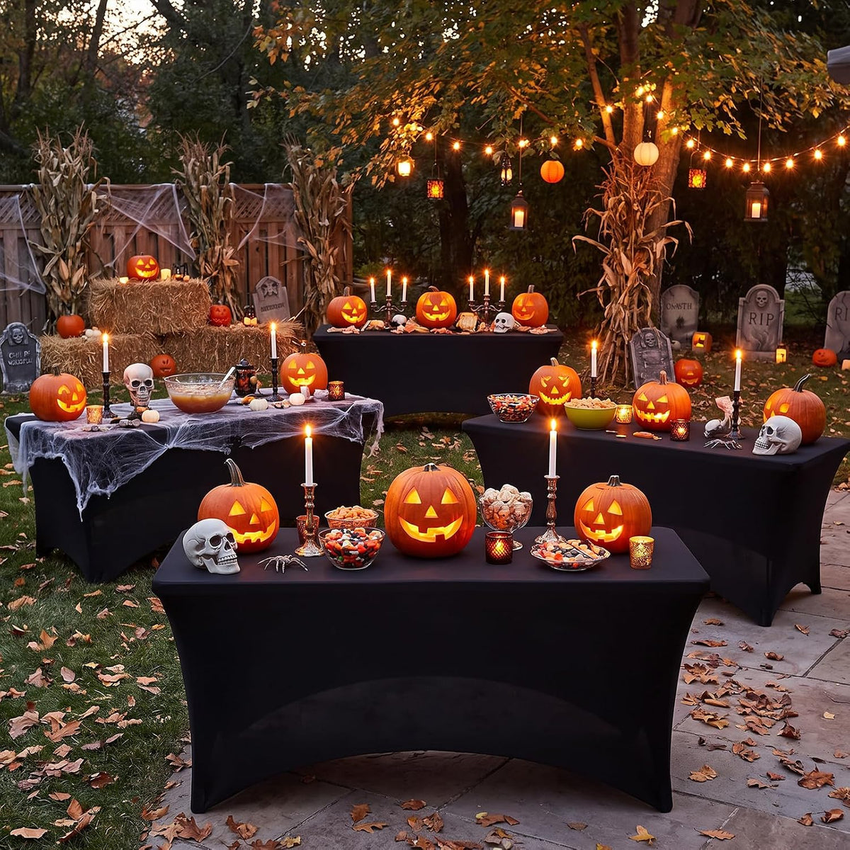 Fixwal 6 Pack 8FT Black Tablecloth Rectangle Spandex Fitted Table Cover