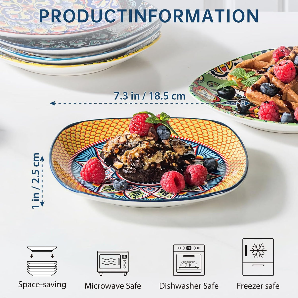 Boho Ceramic Dessert Plates Set of 6, 7.3 Inch Square Appetizer Plates