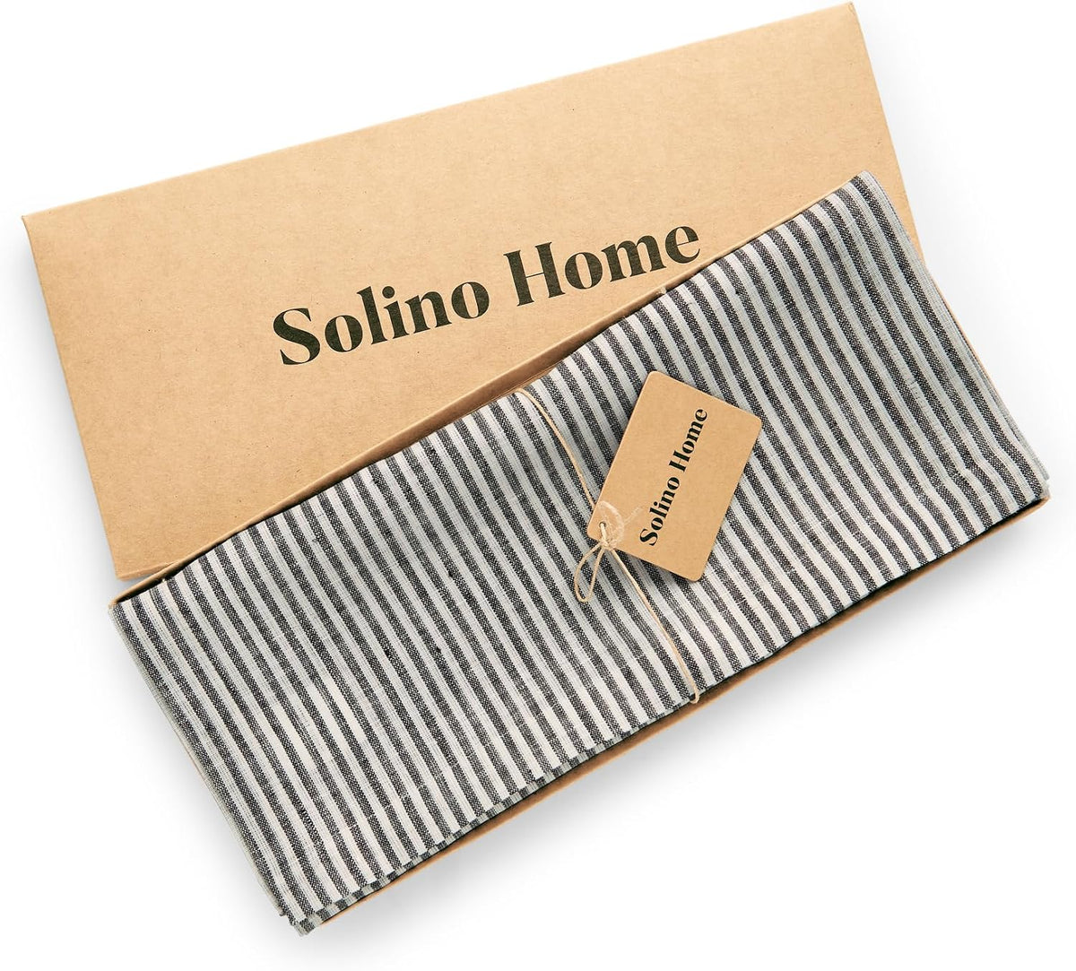 Solino Home 100% Pure Linen Table Runner, 14 x 108 in, Black, Narrow Stripe