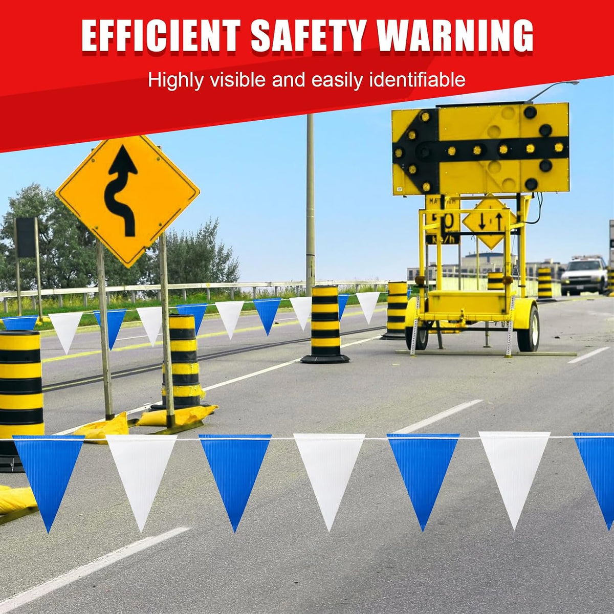 Safety Warning Highly Visible Pennant Banner Flags(45pcs,105ft,White+Blue)