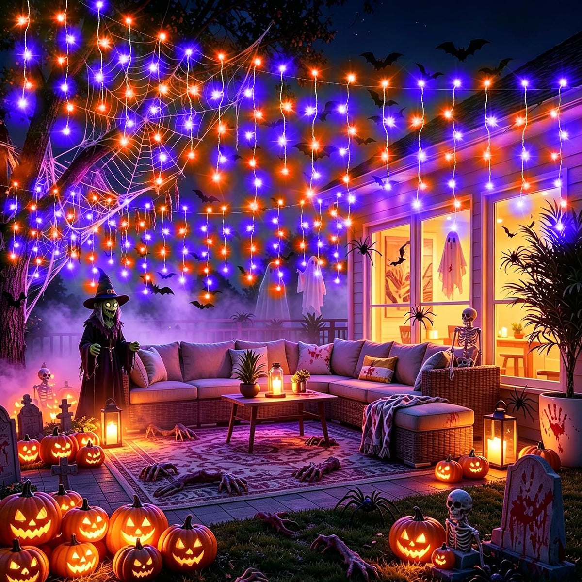 XURISEN 66FT 640 LED Orange Purple Halloween Lights Outdoor Decorations